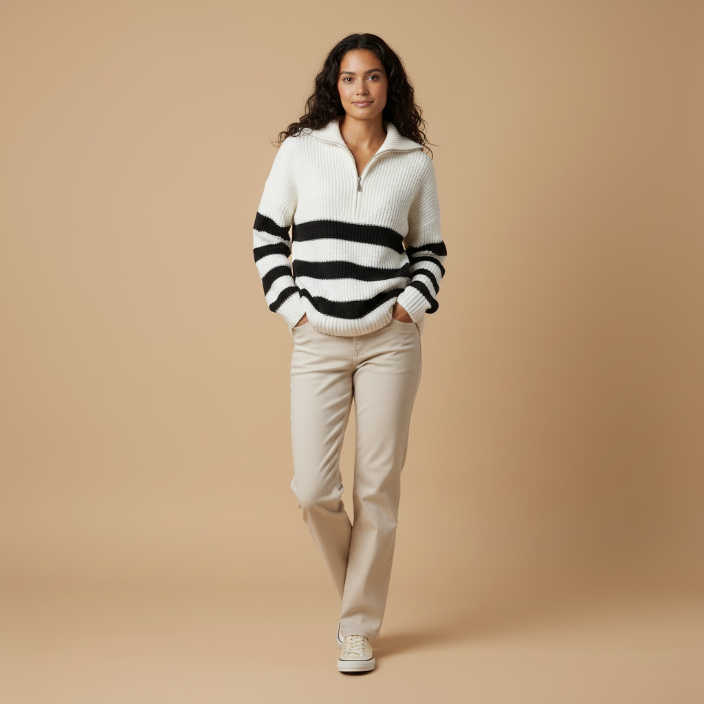 Noemi – Pasiasty Dzianinowy Sweter z Półzamkiem