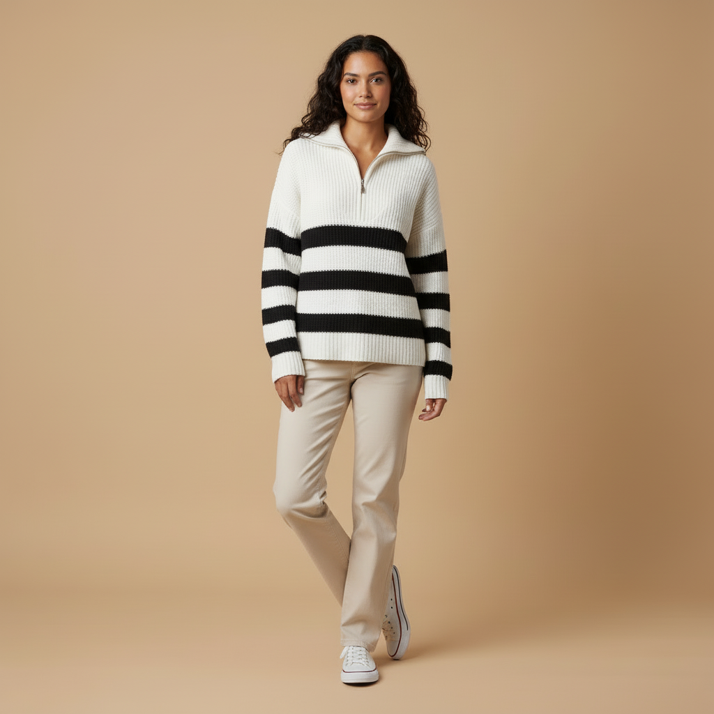 Noemi – Pasiasty Dzianinowy Sweter z Półzamkiem