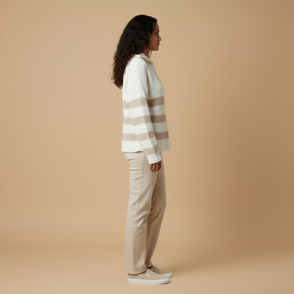 Noemi – Pasiasty Dzianinowy Sweter z Półzamkiem